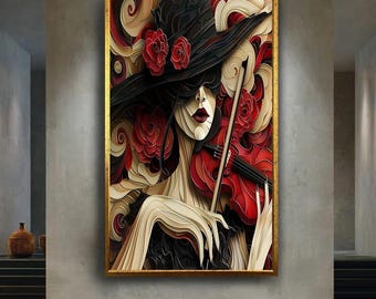 Abstract Woman with Violin Wall Art Red Rose Paper Style Canvas Print Elegant Musical Portrait Poster for Artistic Home Decor Gift