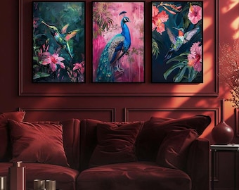 Tropical Birds Canvas Wall Art Set of 3, Colorful Peacock and Hummingbird Prints, Exotic Floral Jungle Gallery Wall Decor for Living Room