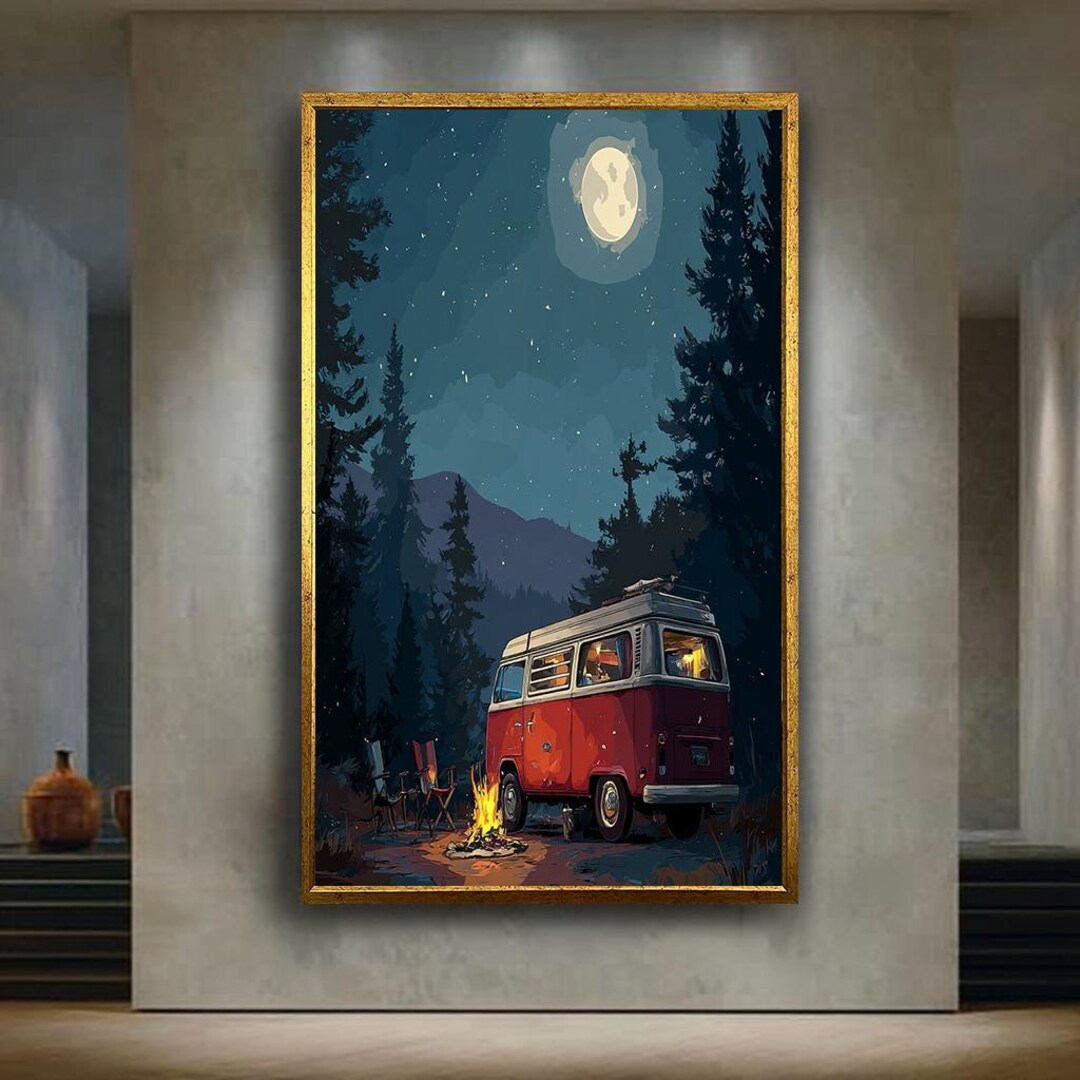 Moonlit Forest Camper Van Wall Art – Cozy Campfire Night With Red