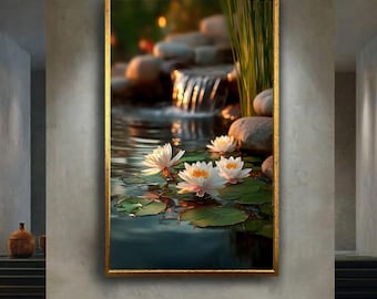 Water Lily Pond Canvas Wall Art with Flowing Waterfall and Stones – Tranquil Nature Print for Spa, Meditation or Zen Room Decor