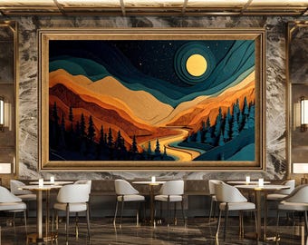 Moonlight Mountain Landscape and Flowing River Themed, Abstract Nature Themed Home Decor Canvas Print