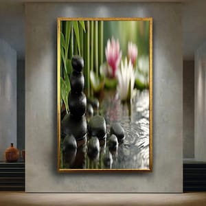 Zen Stones and Lotus Flowers Canvas Wall Art – Peaceful Bamboo Pond Print for Spa, Meditation Room or Tranquil Nature Home Decor