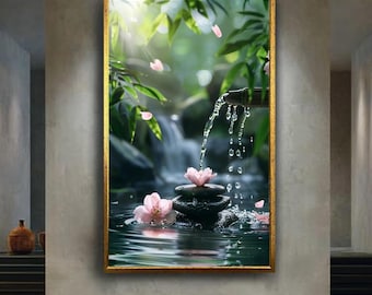 Zen Garden Wall Art with Bamboo Water Fountain Stones and Pink Lotus Flowers Tranquil Meditation Artwork Spa Home Decor