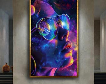 Cosmic Woman Canvas Wall Art with Galaxy Reflections and Neon Colors – Futuristic Space Portrait Print for Modern Psychedelic Decor