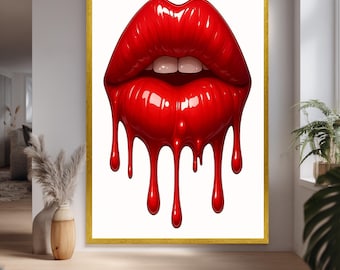Dripping Red Lips Wall Art Canvas – Glossy Pop Art Poster on White Background, Bold Minimalist Sexy Artwork for Modern Room Décor