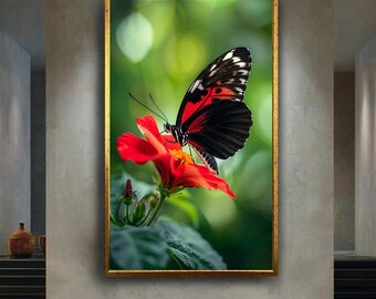 Black and Red Butterfly on Flower Canvas Wall Art – Nature Inspired Botanical Photography Print for Calm, Minimal or Natural Home Decor