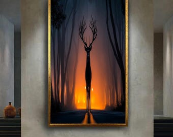 Mystical Deer in Foggy Forest Night Scene, Glowing Orange Light Behind Majestic Stag, Surreal Fantasy Woodland Wall Art Poster