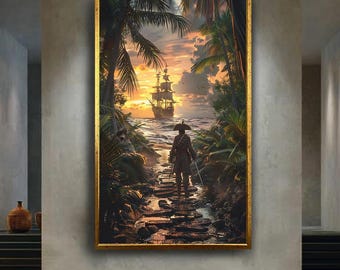 Pirate Ship Sunset Canvas Wall Art – Tropical Island Adventure Scene, Nautical Ocean Voyage Print for Coastal and Maritime Home Decor