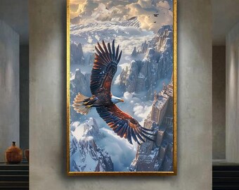 Bald Eagle Mountain Wall Art Soaring Bird Canvas Print Snowy Peaks Nature Poster for Wildlife Home Decor or Freedom Gift Idea