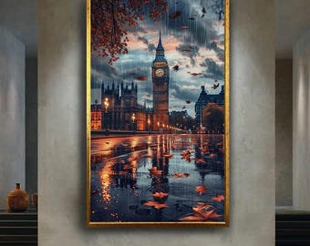 London Big Ben Autumn Rain Wall Art Moody Cityscape Canvas Print Westminster Clock Tower Poster for Urban or Travel Decor Gift