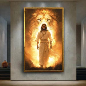 Lion of Judah Canvas Wall Art, Powerful Jesus with Lion Print, Christian Prophetic Artwork for Spiritual Home and Church Decor