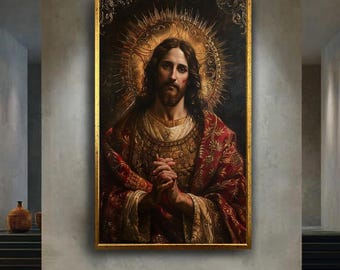 Classic Jesus Christ Canvas Wall Art with Sacred Heart and Golden Halo, Traditional Christian Religious Artwork for Faith Home Decor