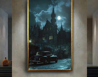 Gothic Castle Night Scene Canvas Wall Art, Dark Fantasy Artwork with Full Moon and Vintage Car, Spooky Haunted Mansion Decor Print