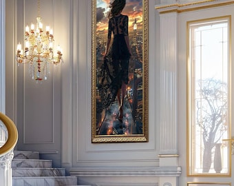 Elegant Woman Cityscape Art Print Night City View Fashion Canvas Art Powerful Feminine Aesthetic Wall Decor