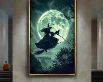 Witch Flying with Cat in Front of Full Moon Canvas Wall Art – Spooky Halloween Night Print for Gothic, Fantasy or Witchy Home Decor