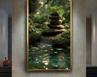 Zen Garden Canvas Wall Art with Stacked Mossy Stones, Tropical Leaves and Waterfall – Tranquil Forest Print for Spa or Yoga Decor