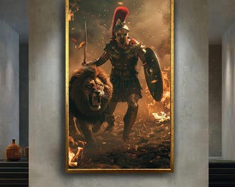 Roman Gladiator with Lion Canvas Wall Art – Epic Ancient Warrior Battle Scene, Mythical Hero Animal Print for Bold Historic Home Decor