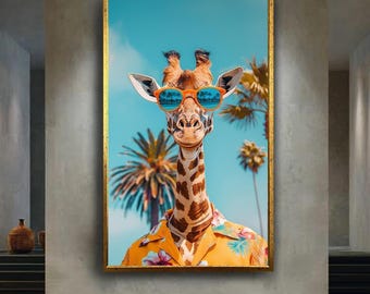 Cool Giraffe Canvas Wall Art – Funny Tropical Animal Portrait with Sunglasses – Colorful Summer Giraffe Print for Beach or Home Decor
