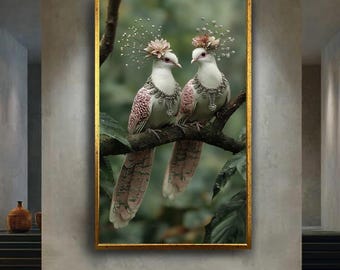 Royal Birds Wall Art Print, Elegant Fantasy Animal Canvas Art, Whimsical Crowned Doves Illustration, Nature Inspired Decor