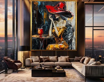 Elegant Woman in Red Hat Canvas Wall Art – Textured Palette Knife Painting with Yellow Dress and Cocktail in Modern Impressionist Style