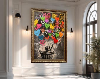 Banksy Balloon Canvas, Balloon Poster,Banksy Art, Graffiti Style Canvas Print of Child Reaching Up in Basket with Colorful Hearts and Crowns