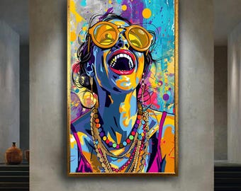 Colorful Pop Art Laughing Woman Canvas Wall Art – Vibrant Urban Portrait with Sunglasses for Bold Modern Home or Studio Decor