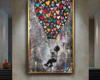 Colorful Heart Balloon Graffiti Wall Art | Flying Child Urban Street Art Canvas | Modern Hopeful Pop Art Print for Nursery or Home Decor
