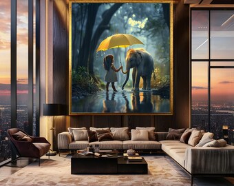 Whimsical Girl and Elephant Wall Art Rainy Forest Scene Kindness and Friendship Print Cute Animal Canvas Art
