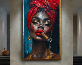 Bold African Woman Smoking Cigar Canvas Print, Modern Colorful Portrait Art with Red Headwrap and Gold Jewelry for Cultural Wall Decor