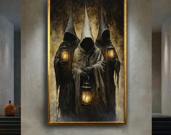 Dark Cult Hooded Figures with Lanterns Wall Art | Gothic Ritual Fantasy Horror Canvas | Creepy Occult Aesthetic Print for Home Decor