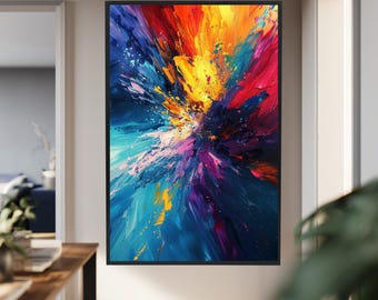 Abstract Color Explosion Canvas Wall Art with Bold Paint Splashes in Red, Yellow, Blue and Purple, Modern Vibrant Art Print for Home Decor