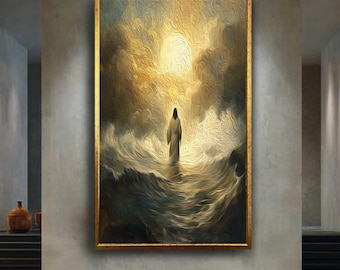 Jesus Walking on Water Canvas Wall Art with Glorious Light and Stormy Sea for Christian Home Prayer Room or Religious Gift Decor
