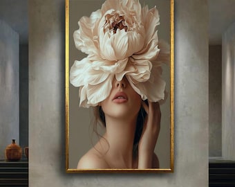 Floral Woman Canvas Wall Art, Elegant Feminine Portrait Print, Modern Flower Head Artwork for Bedroom or Living Room Decor