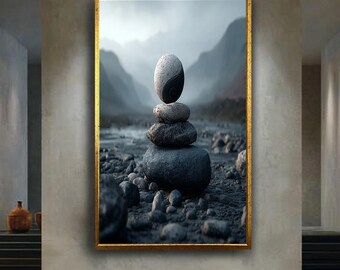 Yin Yang Zen Stone Wall Art Print – Balanced Rocks in Mountain River Canvas – Spiritual Nature Poster – Tranquil Meditation Decor