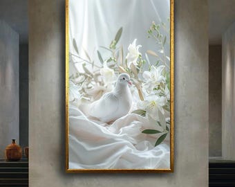 White Dove Wall Art with Lilies Elegant Peaceful Bird Photography Romantic Nature Artwork Spiritual Home Decor