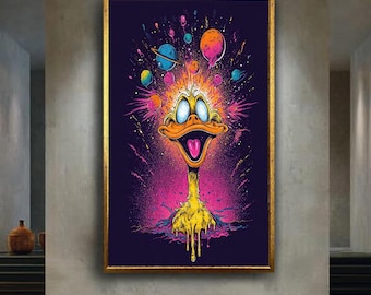 Psychedelic Duck Wall Art Print, Colorful Trippy Cartoon Poster, Funky Duck Explosion Pop Art Decor for Cool Room Vibes