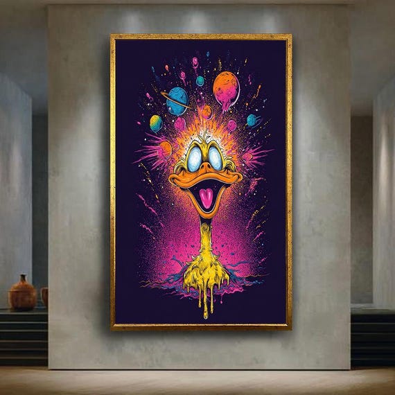 Psychedelic Duck Wall Art Print, Colorful Trippy Cartoon Poster