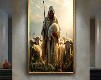 Jesus the Good Shepherd Canvas Print – Spiritual Christian Wall Art with Lamb for Prayer Room, Easter Gift or Faith Based Home Decor