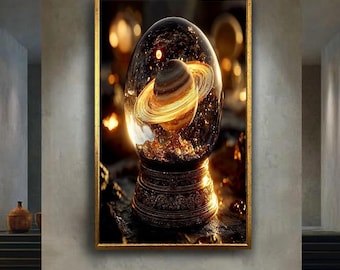 Mystical Saturn Globe Canvas Wall Art with Golden Cosmic Ring, Fantasy Astronomy Print for Space Lovers, Elegant Planet Decor Piece