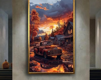 Rustic Autumn Sunset Vintage Truck Canvas Wall Art – Farmhouse Country Landscape Print for Living Room or Cabin Decor