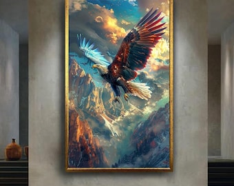 Majestic Eagle Mountain Flight Canvas Wall Art – Colorful Soaring Bird of Prey Scene, Epic Wildlife Nature Print for Bold Home Decor
