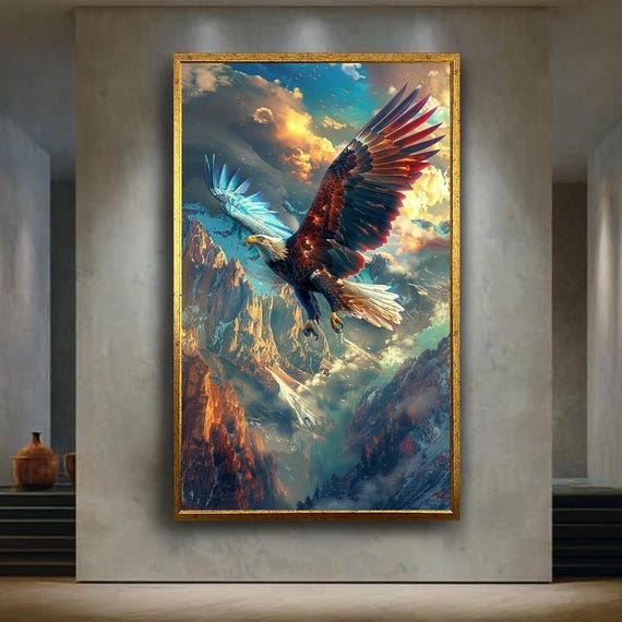 Majestic Eagle Mountain Flight Canvas Wall Art – Colorful Soaring