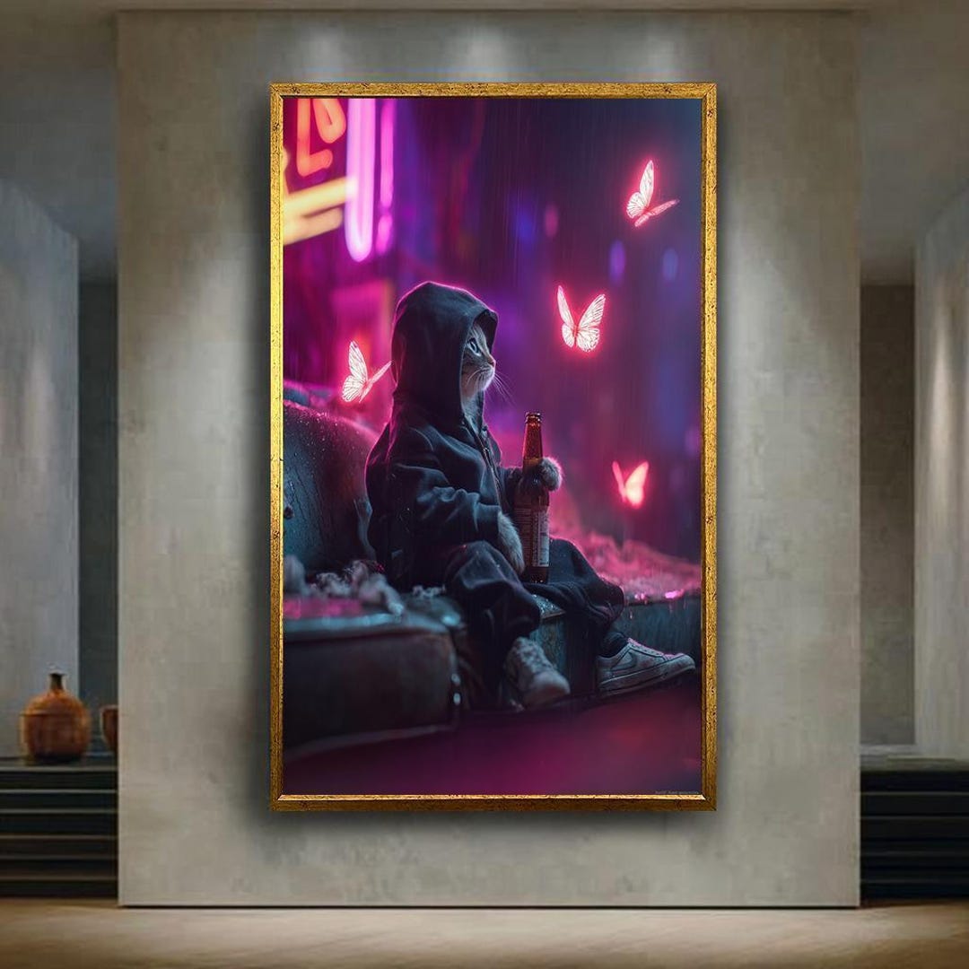Cyberpunk Cat Wall Art Print, Neon Pink Butterfly Canvas Poster, Sad ...