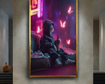 Cyberpunk Cat Wall Art Print, Neon Pink Butterfly  Canvas Poster, Sad Cat Drinking Beer Illustration, Urban Fantasy Night Scene