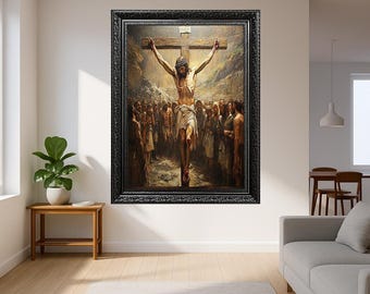 Crucifixion of Jesus Christ Wall Art – Emotional Biblical Canvas Depicting Calvary Scene – Sacred Christian Print for Religious Home Deco