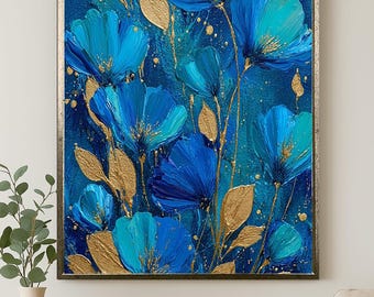 Blue and Gold Floral Canvas Wall Art Abstract Flower Painting Elegant Bloom Print for Modern Living Room or Bedroom Decor