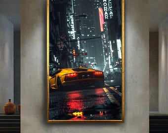 Yellow Supercar in Neon City Canvas Wall Art, Cyberpunk Luxury Car Print, Futuristic Night Street Artwork for Bold Modern Home Decor
