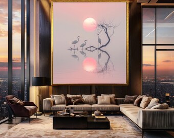 Minimal Heron Birds Wall Art Print, Soft Pastel Sunset Nature Scene, Tranquil Reflection Photography for Zen or Scandinavian Interiors