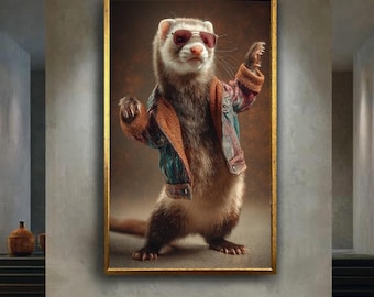 Cool Ferret in Denim Jacket Canvas Wall Art – Stylish Anthropomorphic Animal with Sunglasses for Fun and Quirky Home Decor