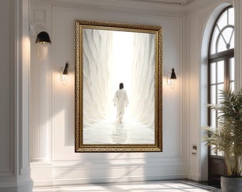 Jesus Walking Into the Light Wall Art, Divine Resurrection Christian Canvas Print, Heavenly Faith and Hope Artwork for Spiritual Home Decor